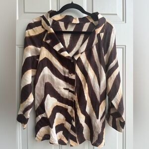 Lafayette 148 New York 100% Linen Button Down Shirt Zebra brown&tan Print Size 6